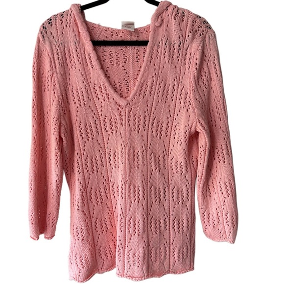 Faded Glory Coral Blush Pink V-Neck Knitted Hooded Sweater w/ 3/4 Length Sleeves - Picture 1 of 7